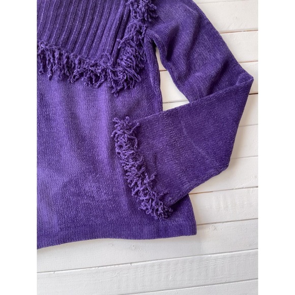 purple chenille sweater 90s y2k vintage bell sleeve shawl collar fringed sweater - Picture 4 of 4